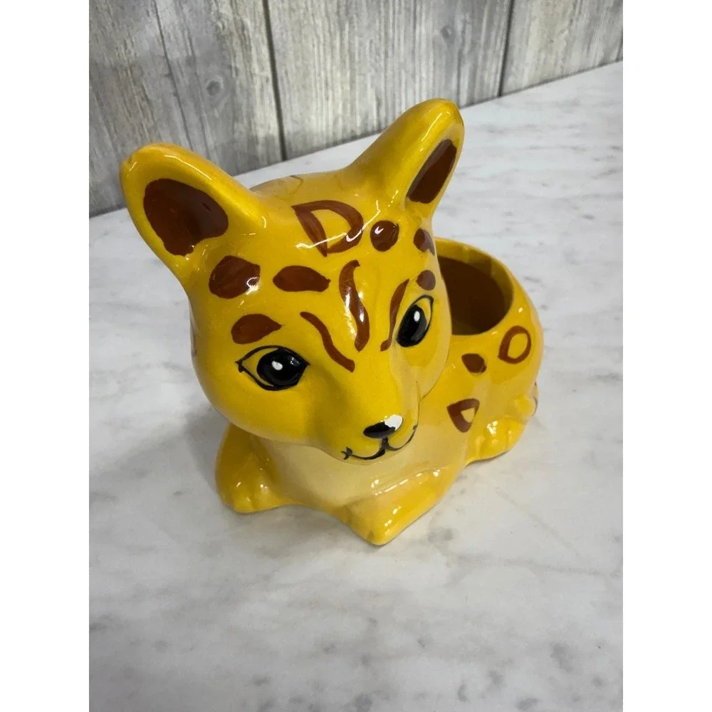 Vintage Yellow Ceramic Leopard Cub Planter Hand Painted Spotted Kitten Figurine